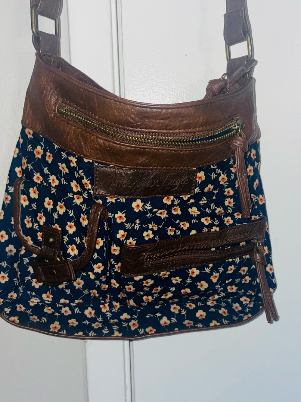 American Eagle Outfitters Navy Floral Shoulder Bag with Brown Trim